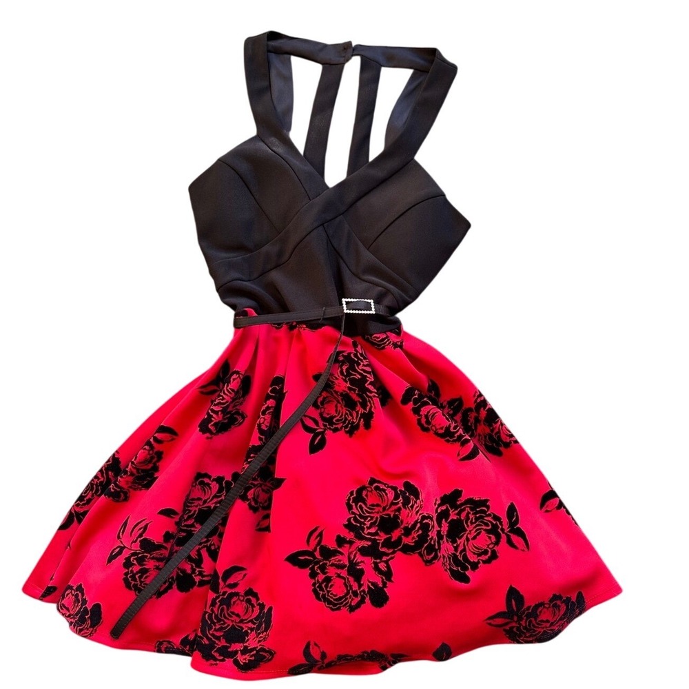 Crystal Doll Red Black Flocked Floral Rose Fit Flare Dress goth Back Size 7
